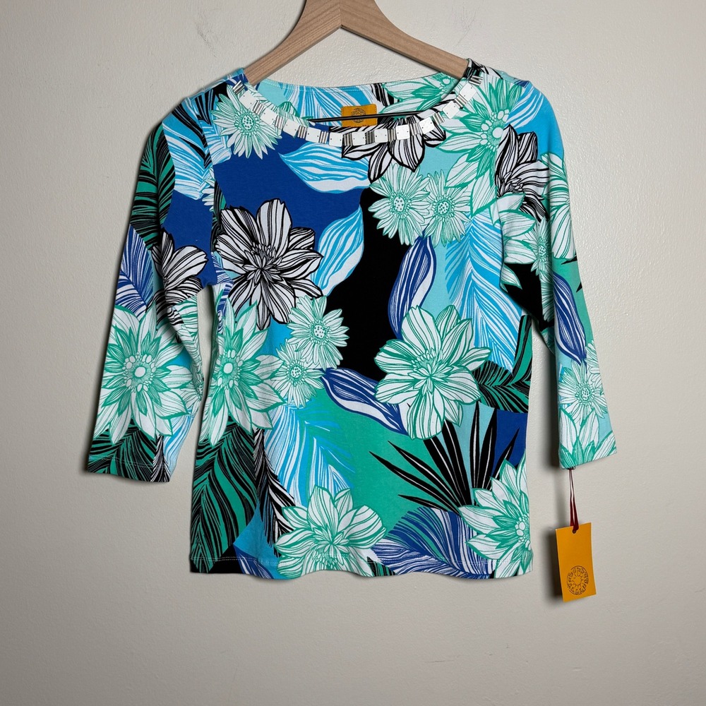 Ruby Rd. Womens 95% Cotton Top PS Blue Floral Beaded 3/4 Sleeve Tropical Spring